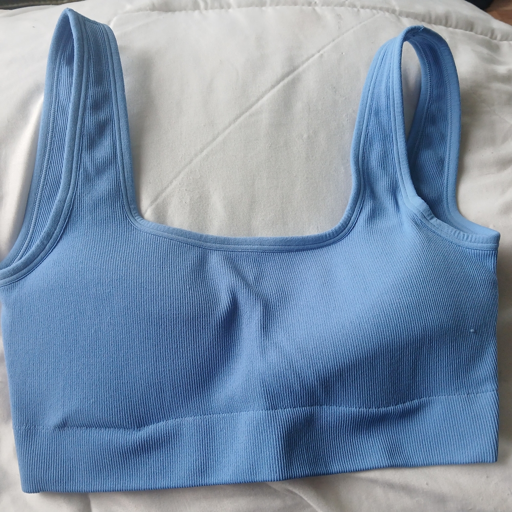 Bombshell Sportswear Ribbed Square Neck Sports Bra - Blue